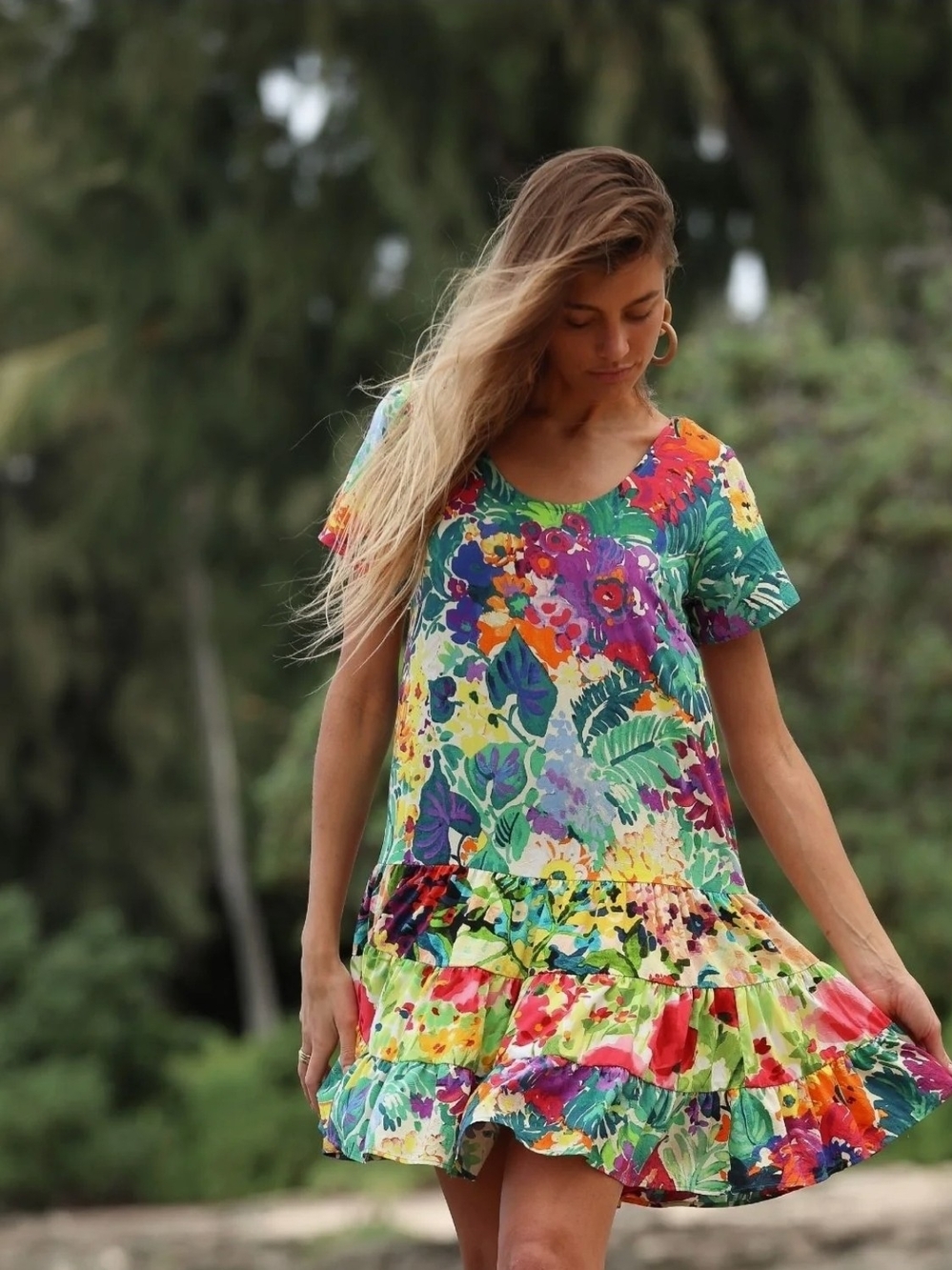 Jams World Hattie Multicolor Floral Rayon Shift Dress Ruffle Hem Scoop Neck L